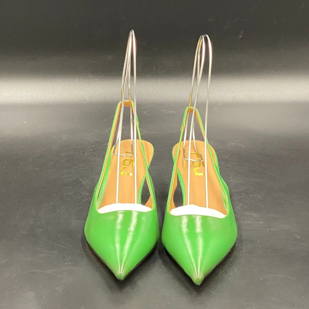 FSJ green leather pointy toe kitten low heels slingback pumps shoes
